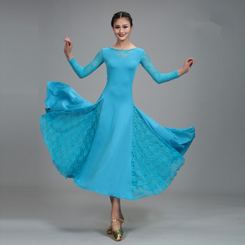 Black red fuchsia royal blue green turquoise lace patchwork long sleeves women's female competition professional ballroom tango cha cha dance dresses